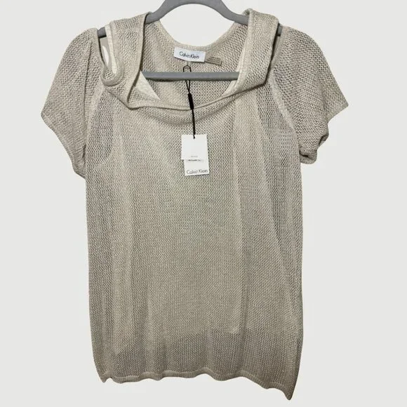 Calvin Klein Knit Top Women Beige Cold Shoulder Pullover size Medium NWT - Picture 1 of 7